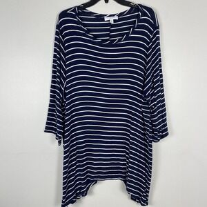 New Directions Nautical Top Womens Plus Size 3X Navy 3/4 Sleeve Stretch